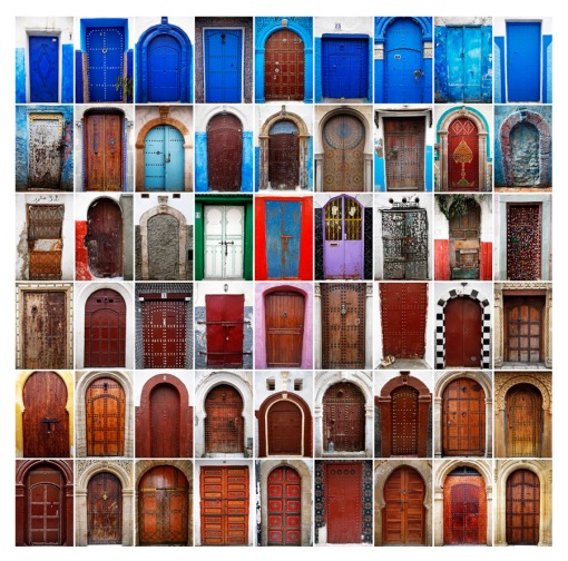 A combination photo shows some of colourful doors in Rabat's old parts Medina and Kasbah of the Oudayas